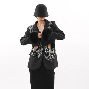 外套涤纶 西装 2025年秋季 重工气质优雅潮流风镶钻露腰收腰显瘦女式