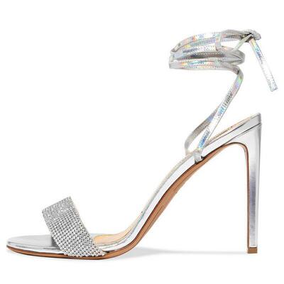 跨境欧美银色水钻绑带细跟时装凉鞋 外贸女鞋women sandals shoes