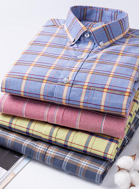 纯棉牛津纺长袖衬衫男格子休息青年大码春秋全棉男装衬衣C1835