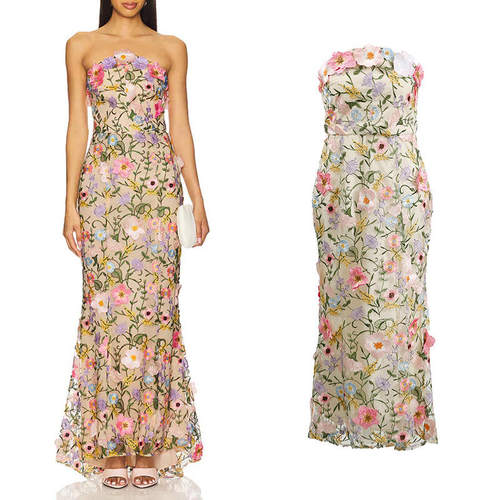 巴黎花漾秘境高级感刺绣花朵抹胸鱼尾裙礼服2026春季长连衣裙棉涤