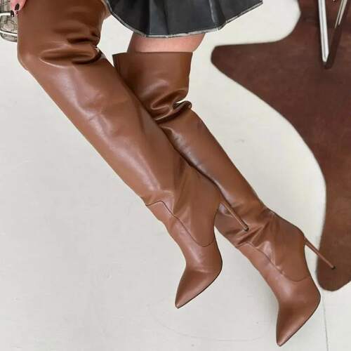 欧美时装靴 尖头细跟高筒皮革拼接女靴大码外贸heels boot