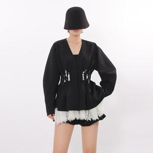 2025年秋季 2025秋季 气质优雅复古风收腰显瘦褶皱镶钻蕾丝拼接西装