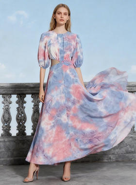 欧美潮牌2025秋季时尚气质性感露腰撞色短袖中长款连衣裙TDR28317