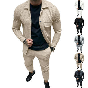 长裤 亚马逊秋冬跨境重磅斜纹夹克休闲裤 两件套装 纯色提花男式 男装
