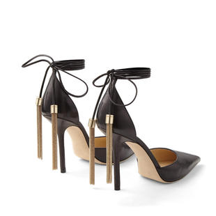 欧美外贸尖头细跟超高跟走秀流苏吊穗大码中空绑带凉鞋女时装凉鞋