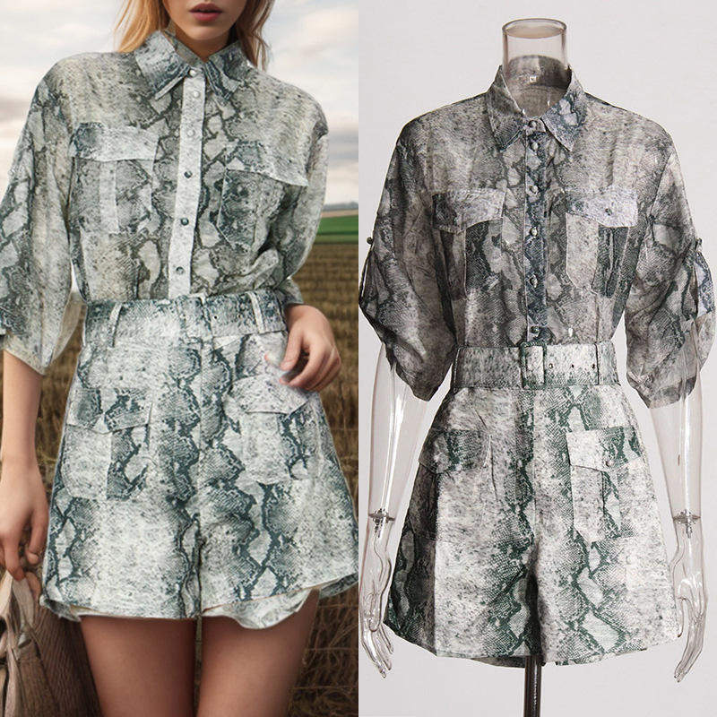 新款欧美时尚套装女2026春季中袖印花口袋上衣高腰高级感两件套女