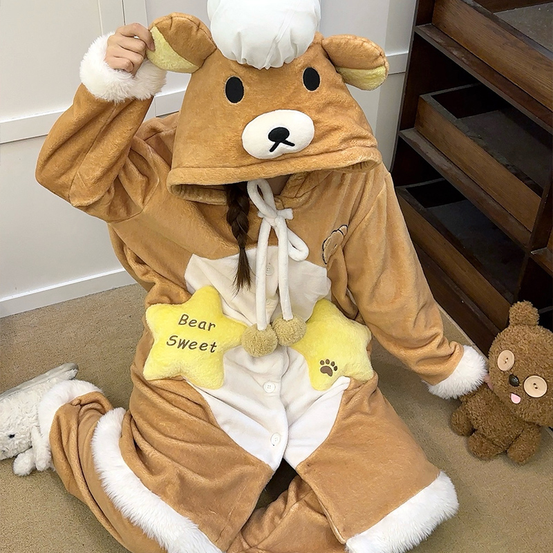 侘町2025新款厨师轻松熊冬季睡袍女法兰绒保暖卡通套装休闲家居服