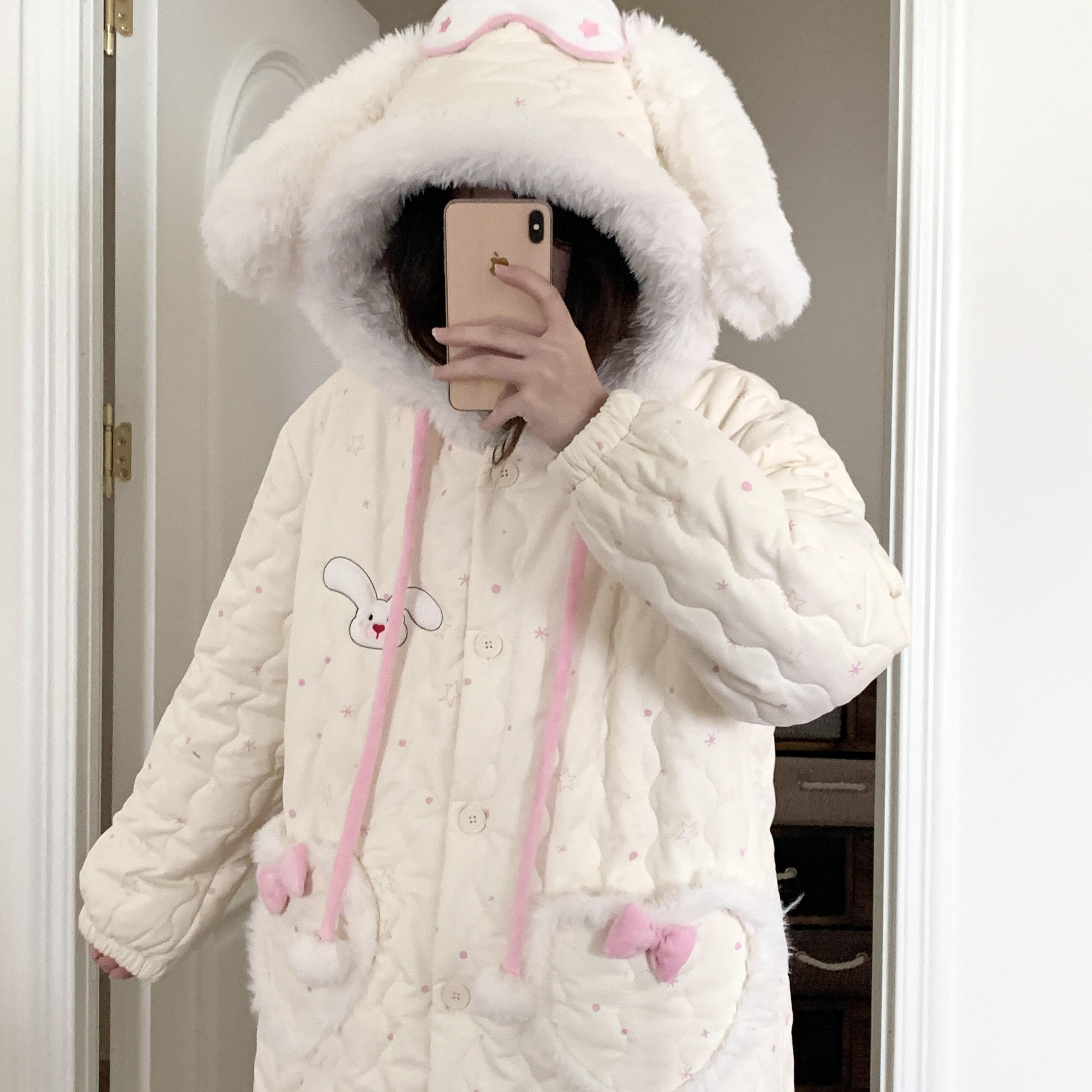 侘町2025家居服新款眼罩兔兔三层夹棉睡袍长裤女冬季睡衣加绒加厚