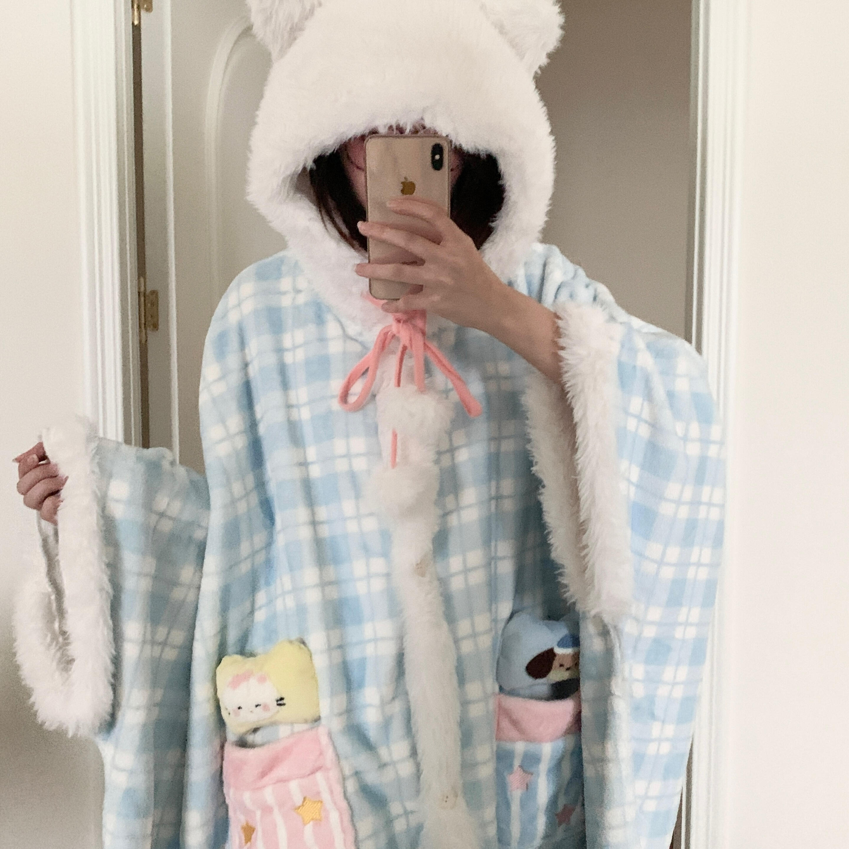 侘町2025秋冬新款加绒蓝格星星被斗篷睡袍卡通睡衣法兰绒女家居服