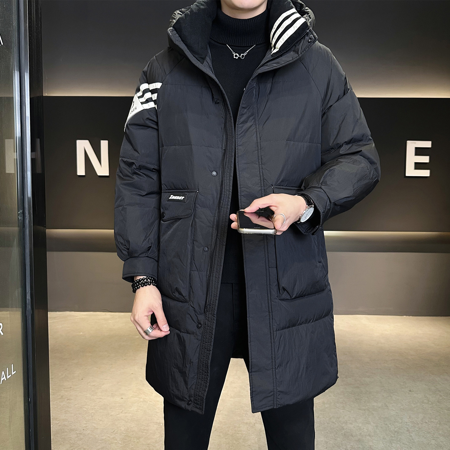 新标90绒情侣中长款羽绒服男士连帽25冬季外套男B320-896-P310,男装羽绒服,电商B320
