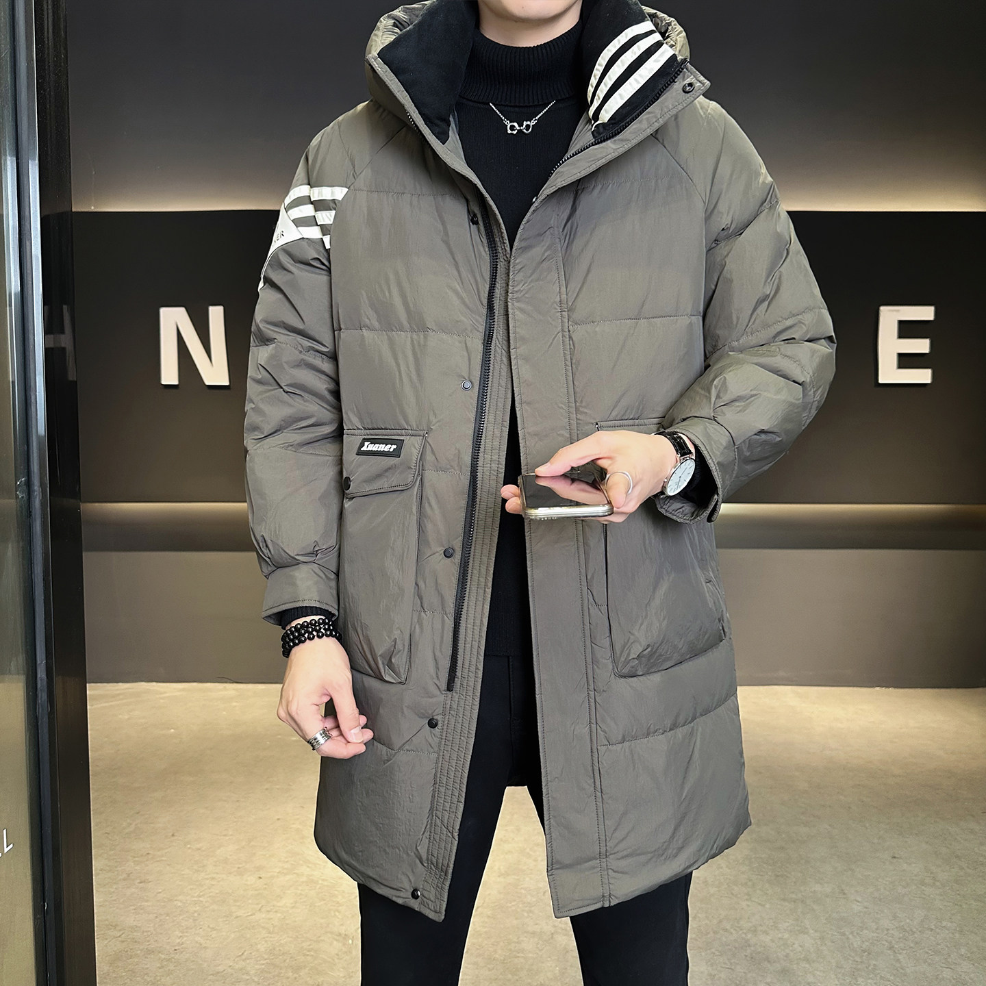 新标90绒情侣中长款羽绒服男士连帽25冬季外套男B320-896-P310,男装羽绒服,电商B320