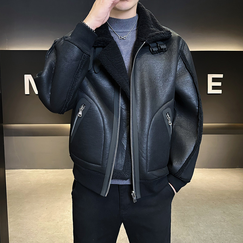 皮毛一体外滩男装2025新款休闲时尚加绒皮衣夹克男B320-3511-P225,男装夹克,电商B320