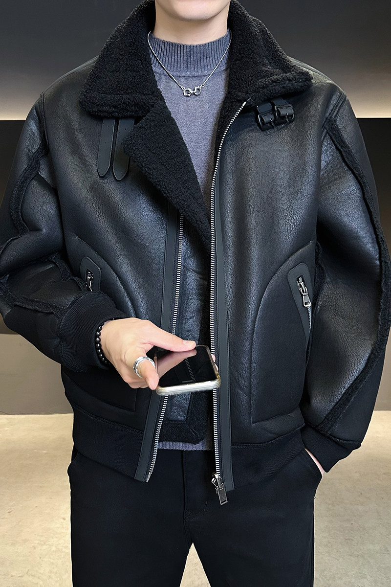 皮毛一体外滩男装2025新款休闲时尚加绒皮衣夹克男B320-3511-P225,男装夹克,电商B320