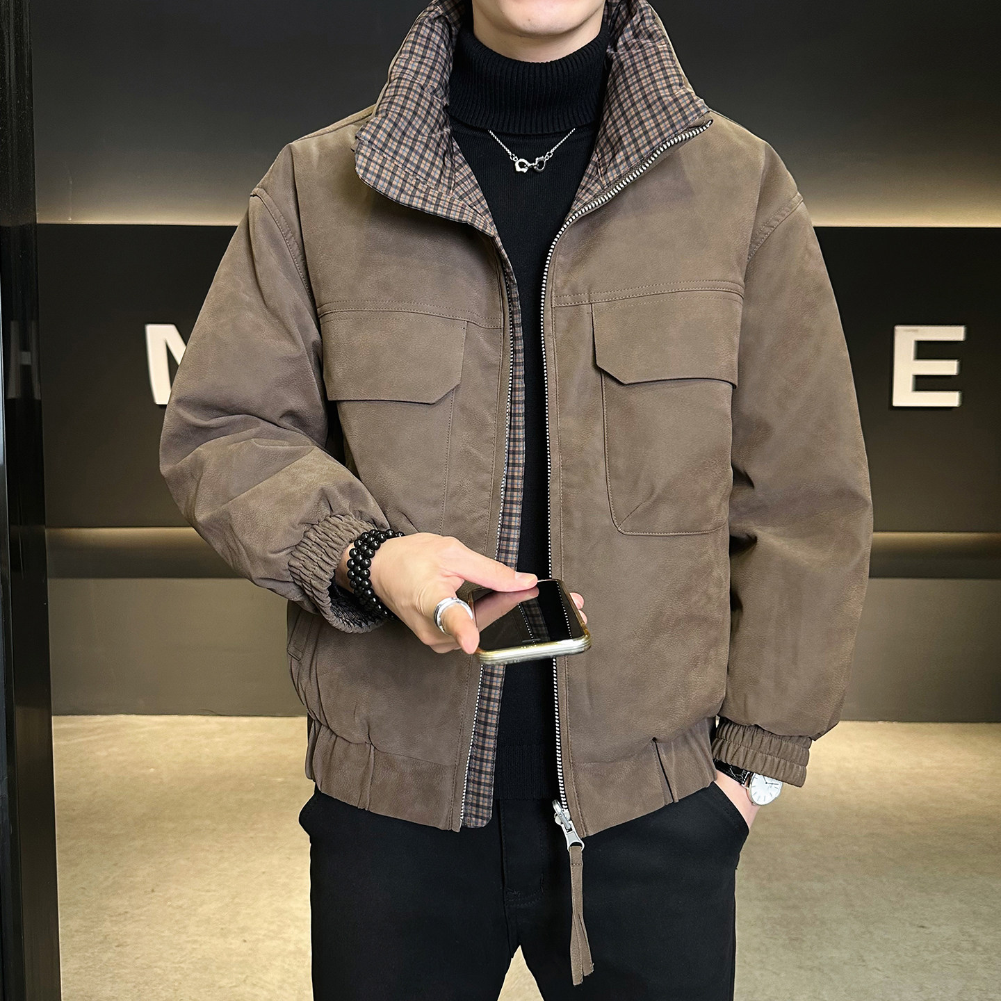 鹅绒标90绒皮羽绒服男士双面穿外套B320-5572-P365有成衣报告,男装羽绒服,电商B320