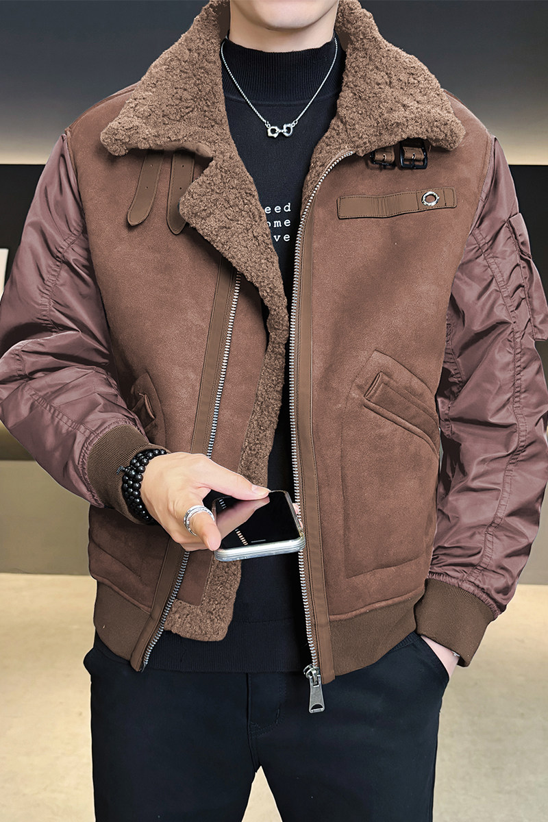 皮毛一体外滩男装2025新款休闲时尚加绒皮衣夹克男B320-3533-P225,男装夹克,电商B320