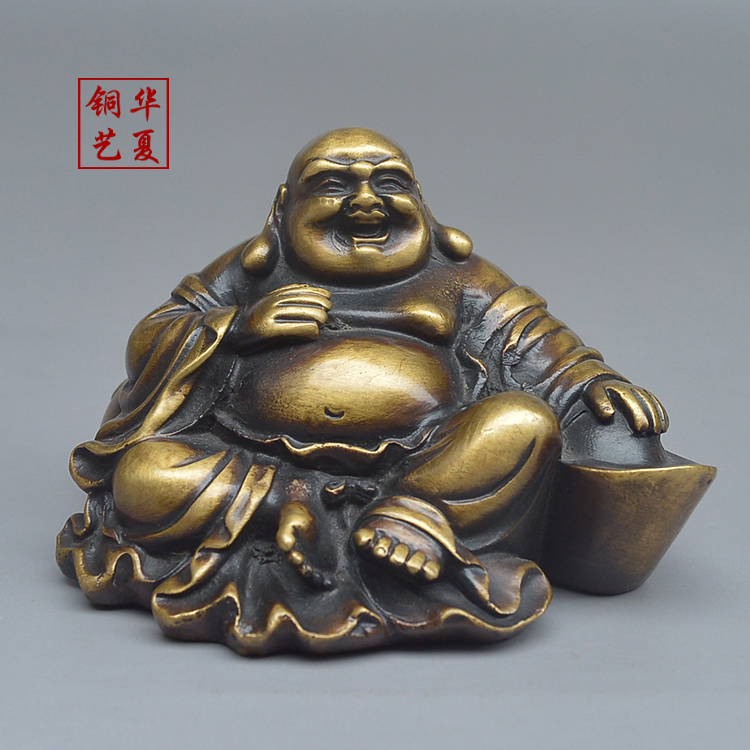 仿古纯铜弥勒佛像车载招财摆件全铜大肚佛办公桌客厅装饰工艺品