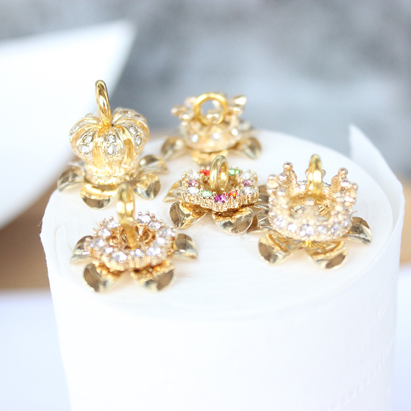 14k金保色锆石皇冠花托花心DIY 文玩玉米材料配件饰品大花片