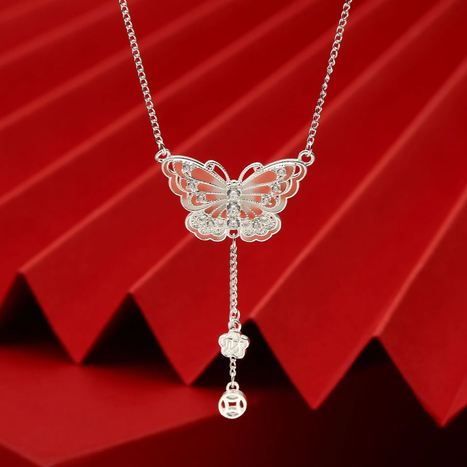 7848号足银999.9珐琅蝴蝶流苏金钱项链蝶恋花情人节礼物工厂直销