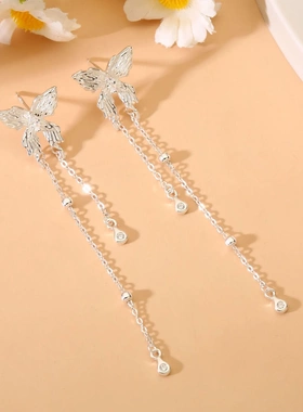 8150号足银990超仙液态蝴蝶镶钻耳饰小众轻奢流苏精耳钉高级感