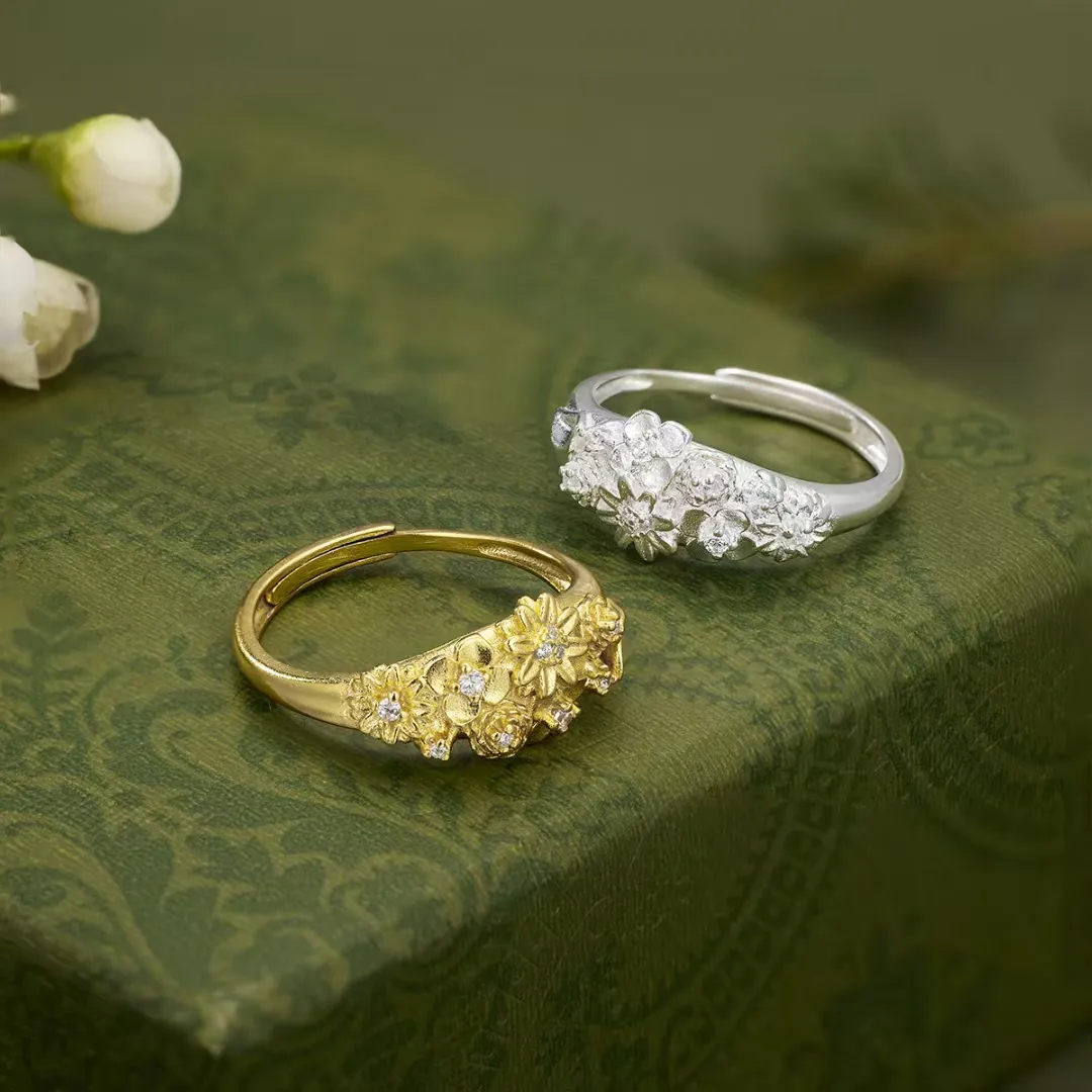 7072号足银990繁花似锦戒指女花丝指环锆石镶嵌轻奢款手饰礼物