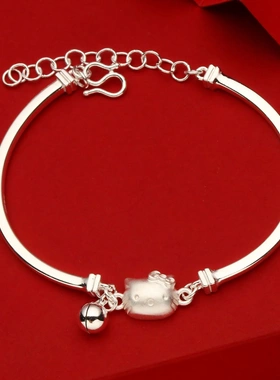 7998号 足银999弯管猫咪KT猫手链清新纯银精工纯银直播爆款