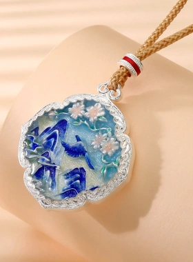 8815号足银999.9珐琅彩国风山水吊坠项链金色银色 新中式精致百搭