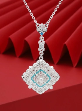 7504号足银990国风新中式珐琅花丝方形吊坠项链女款小众高级颈链