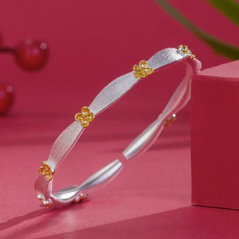 6959足银999.9古法描金开口月桂花银手镯女9999足银镯子小众国风