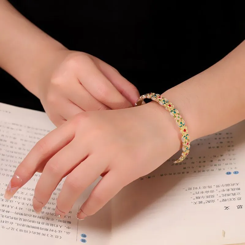 中国金铺足银9999手镯新中式描金珐琅蒲扇花纯银镯子轻奢百搭送礼