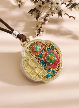 8742号 足银999.9国潮风描金珐琅彩山茶花项链新中式国潮项链