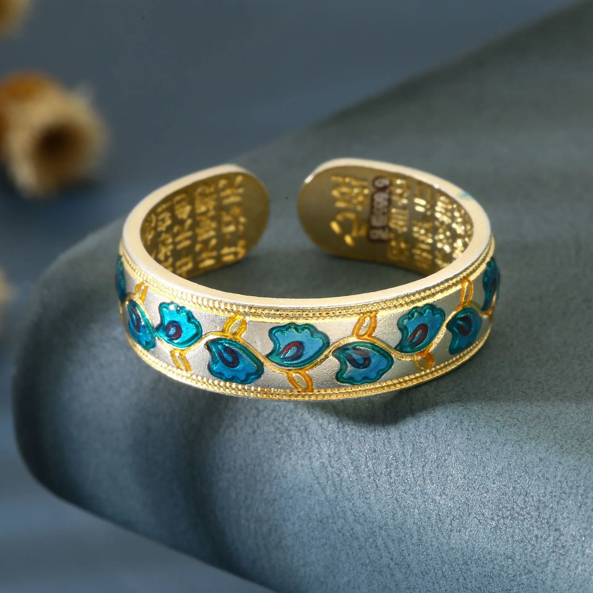 8447号9999银珐琅彩景泰蓝描金花藤戒指开口女士指环烧蓝风格银