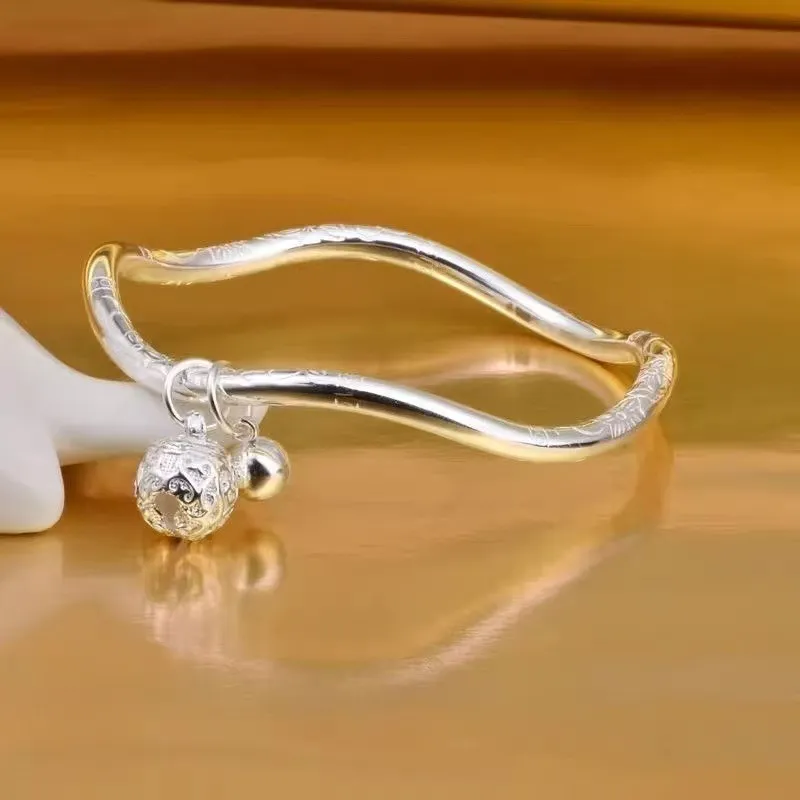 中国金铺9999足银扭扭环手镯波浪宫铃纯银手工设计铃铛手环送礼物