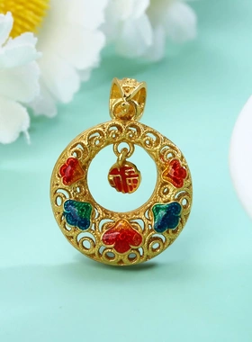 6732 号足银990电镀 24k珐琅福字手工灵动平安扣吊坠平安掐丝爆款