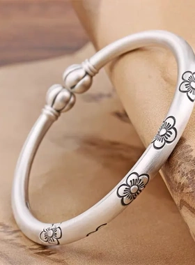 S9999足银南瓜头银手镯女纯银复古梅花开口中国风银饰品直播爆款