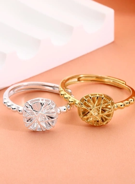 8604号足银990花丝小方糖戒指银色金色 直播爆款百搭戒指爆闪