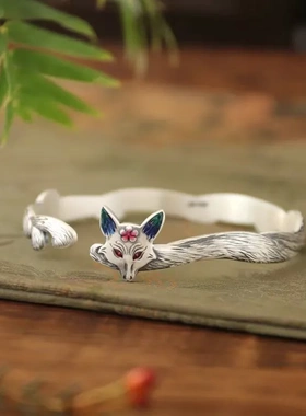 复古珐琅灵狐手镯女足银9999新中式古风实心镯开口银镯子纯银年轻