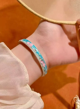 7238号足银999.9珐琅梅花天蓝色开口手镯新中式国风气质复古礼物