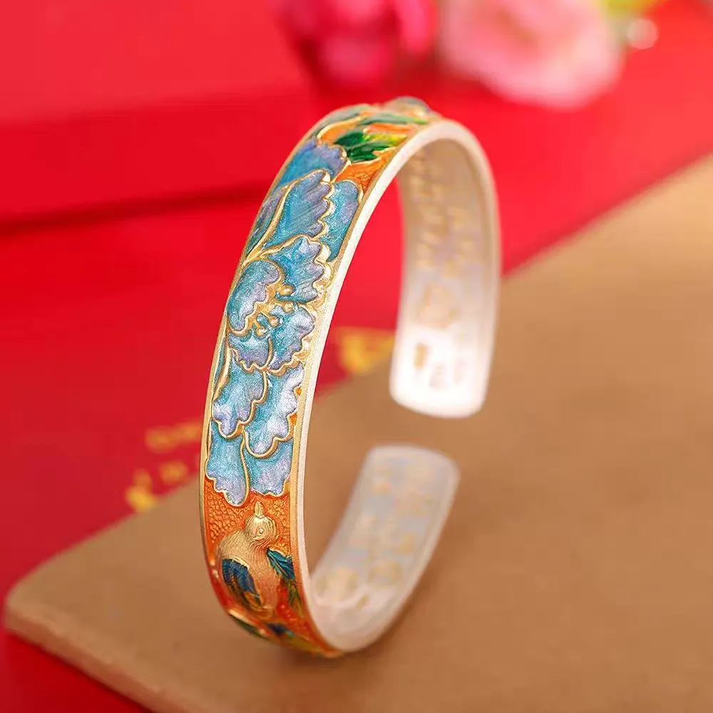 7452号足银9999描金珐琅牡丹花喜鹊百福手镯国风复古轻奢纯银手镯