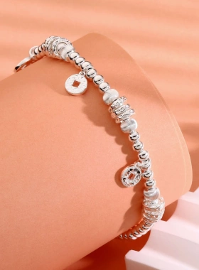 中国金铺足银9999碎冰冰五帝钱手链盘缠猫眼转运珠纯银手环送礼物