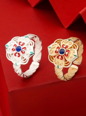 7976号足银990描金珐琅编制麻花四叶草戒指食指戒网红尾戒百搭