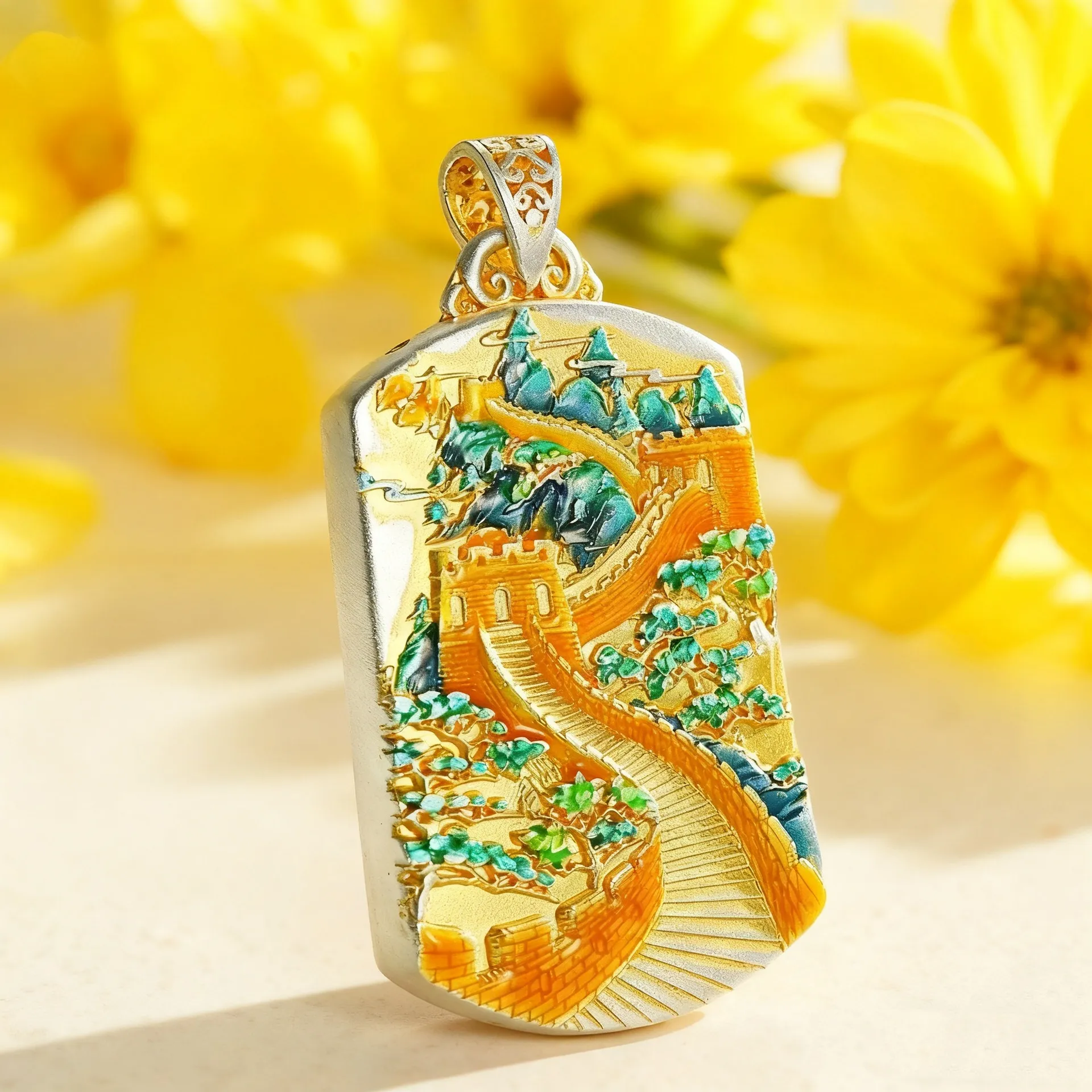 8883号直播爆款足银 999.9 描金珐琅彩万里江山方牌吊坠约 23 克