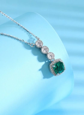 8632号S925银绿色锆石镶钻方形项链新款百搭轻奢小众设计锁骨链