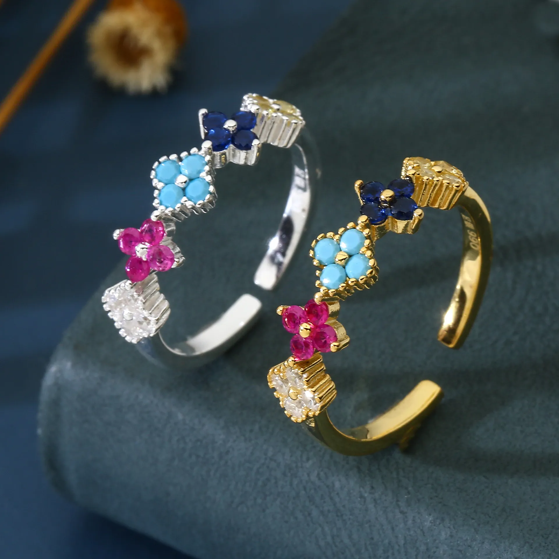 8166号足银990多巴胺彩虹四叶花戒指金色银色女轻奢小众时尚