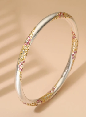 8422号 足银999.9闭口珐琅彩描金樱花手镯镯子新国风国潮爆款手镯