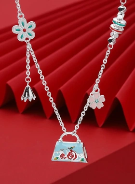 7498号足银990珐琅大号玫瑰花包包项链精致珐琅配饰百搭新中式