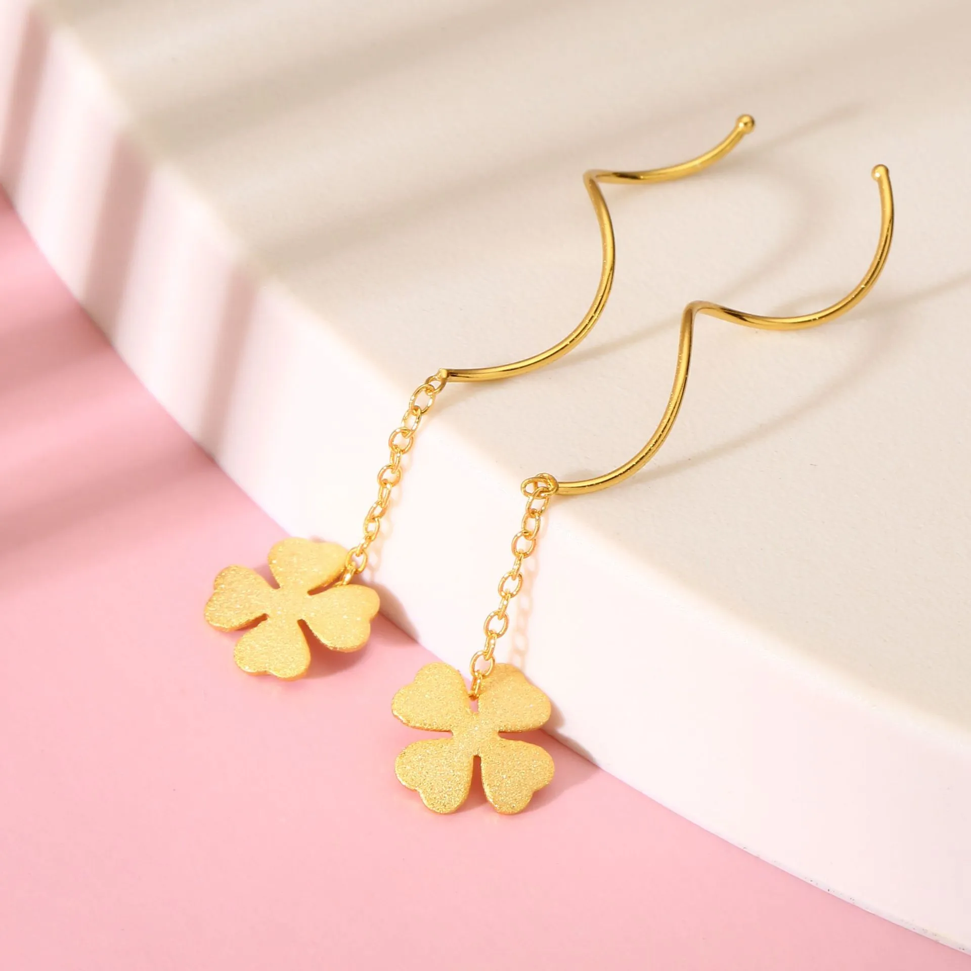 6831号 S999镀金纯银长款波浪耳线养耳洞磨砂耳绳镂空曲线女耳线