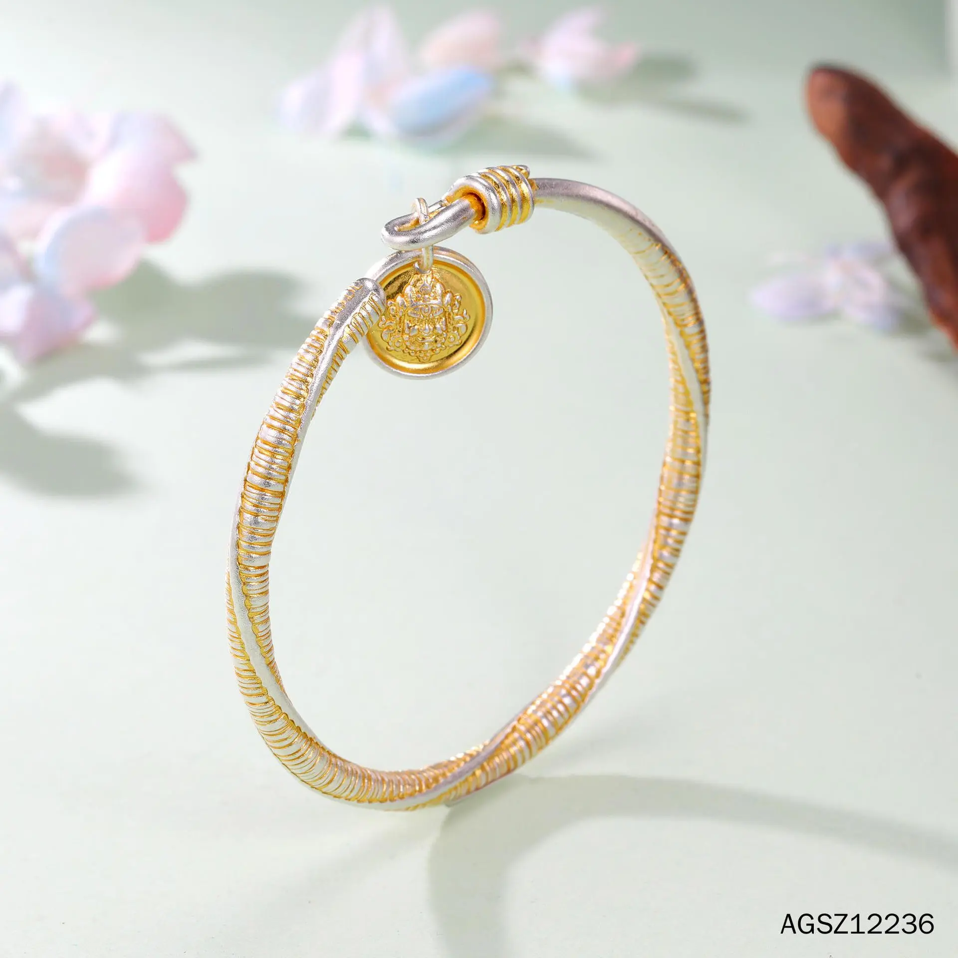 7135号足银999.9描金手工麻花黄财神实心银手镯描金国风直播爆款