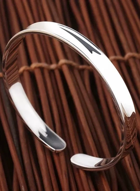 足银999.9手镯男女开口凹面贵妃银饰手环简约光面情侣银镯子刻字