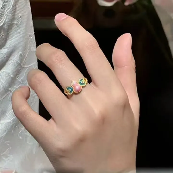 7417号足银999.9珐琅描金爱心葫芦宫廷风戒指 开口爆款国朝风戒指