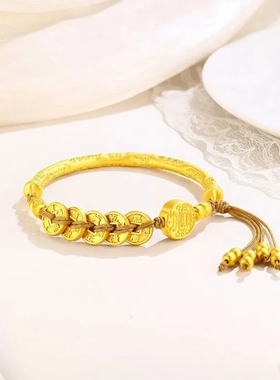 足银999.9古法五帝钱手镯女款镀金五路财神转运珠妇女节礼物